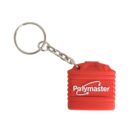 Red keychain shaped like a water tank with a silver chain and ring. Polymaster is written in white on the tank, featuring two curved arrows surrounding the text.