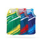 Three colorful athletic tank tops are displayed. The first is green and yellow, the second is in shades of red and blue, and the third is blue with light blue accents. Each tank top features a logo on the upper left side.