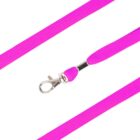 Close-up of a bright pink dog leash with a silver metal clasp against a white background.