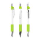 Three identical ballpoint pens with metallic tips are arranged vertically. They have bright green grips and clips, with white barrels. Each pen is shown from a slightly different angle, highlighting the clip and grip features.