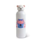 A white water bottle with a bear-shaped lid, featuring a cute cartoon bear face. The bottle is decorated with red and blue stripes, bear paw prints, and the text BEARHOUSE. A small black bear logo is also displayed.