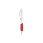 A black ballpoint pen with a red grip and a silver clip is centered on a white background. The pen features a retractable tip and a curved clip for attachment.