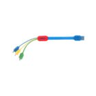 A multi-colored charging cable with a blue USB connector and four different colored connectors extending from a red hub. The connectors are yellow, green, blue, and black.