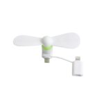 A small, portable white and green fan with a USB connector and a detachable lightning adapter, designed for use with electronic devices. The fan has two blades and a compact design.