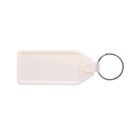 A white rectangular plastic key tag with a metal key ring attached.