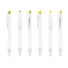 Six white pens arranged in a row, each with a silver tip. The pens have triangular accents near the click mechanism in green and yellow, with matching click buttons. The pens are identical in shape and size.