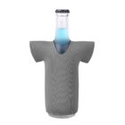 A glass bottle with a blue liquid inside is encased in a gray, T-shirt-shaped cooler sleeve. The bottle has a dark cap, and the cooler sleeve covers its body, leaving the neck exposed.