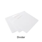 Three white, rectangular plastic dividers with handle cutouts are stacked in a slightly fanned arrangement. The word Divider is typed below them in black text.