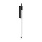 A white retractable ballpoint pen with a black clip and button is shown against a white background.