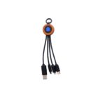 A multi-head charging cable with a round, wooden-textured base featuring a blue logo. The cable has three different connectors: USB, Lightning, and USB-C, hanging from black braided cords.