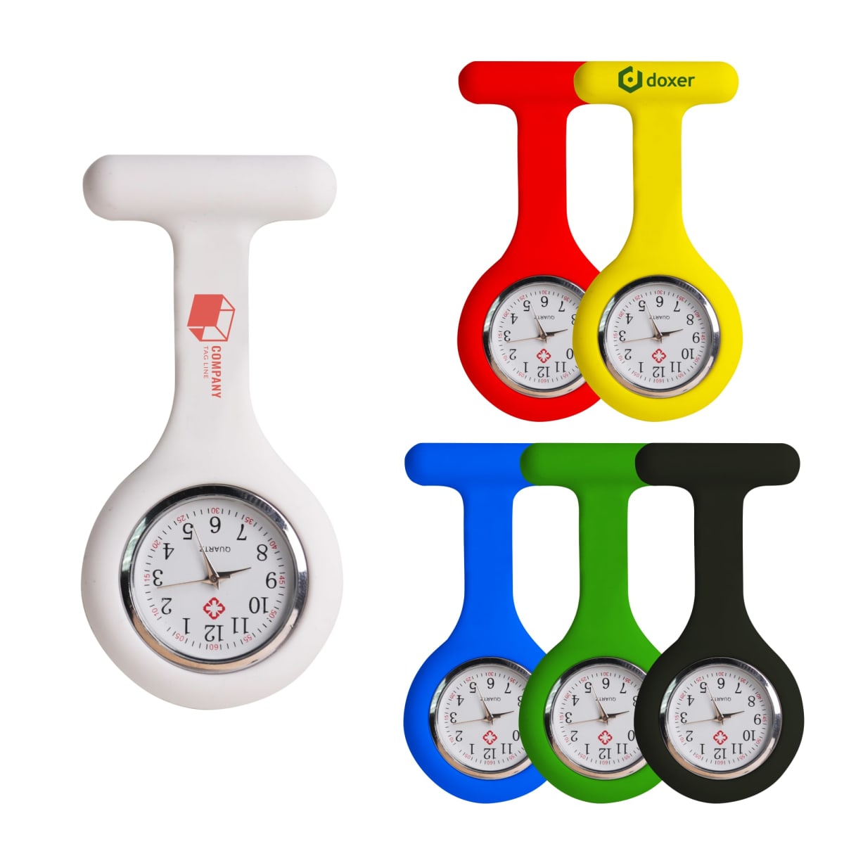 Brooch-style fob watches with silicone casings in various colors: white, red, yellow, blue, green, and black. Each watch has a white dial with black hour markings and a single fastener design.