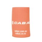 Orange drink cooler sleeve with the white text CABAC and the websites cabac.com.au and cabac.co.nz printed on it.