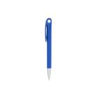 Blue ballpoint pen with a silver tip and a looped clip, isolated on a white background.