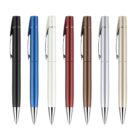 Seven ballpoint pens in a row, each a different color: black, blue, white, red, brown, silver, and gold. Each pen features a metallic finish with a clip on the cap.