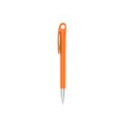 An orange pen with a silver tip is centered against a white background. The pen has a clip near the top and a rounded end with a hole for attachment.