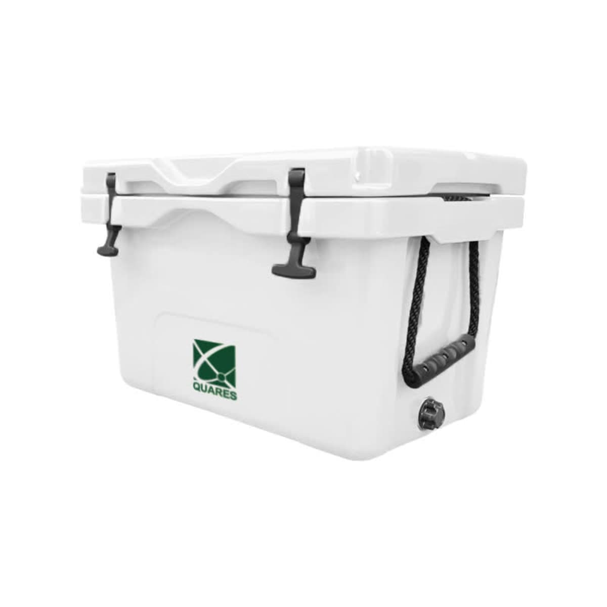 A white insulated cooler with a lid, featuring black handles and latches. The cooler has a logo with green accents on the front. It is designed for outdoor use, likely for keeping items cold.