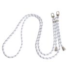 A white braided rope with black specks, featuring two silver metal clips at each end, displayed against a plain white background.