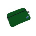 A green laptop sleeve with a black zipper and two zipper pulls. It has a small, circular patch with a smiling face on one corner.