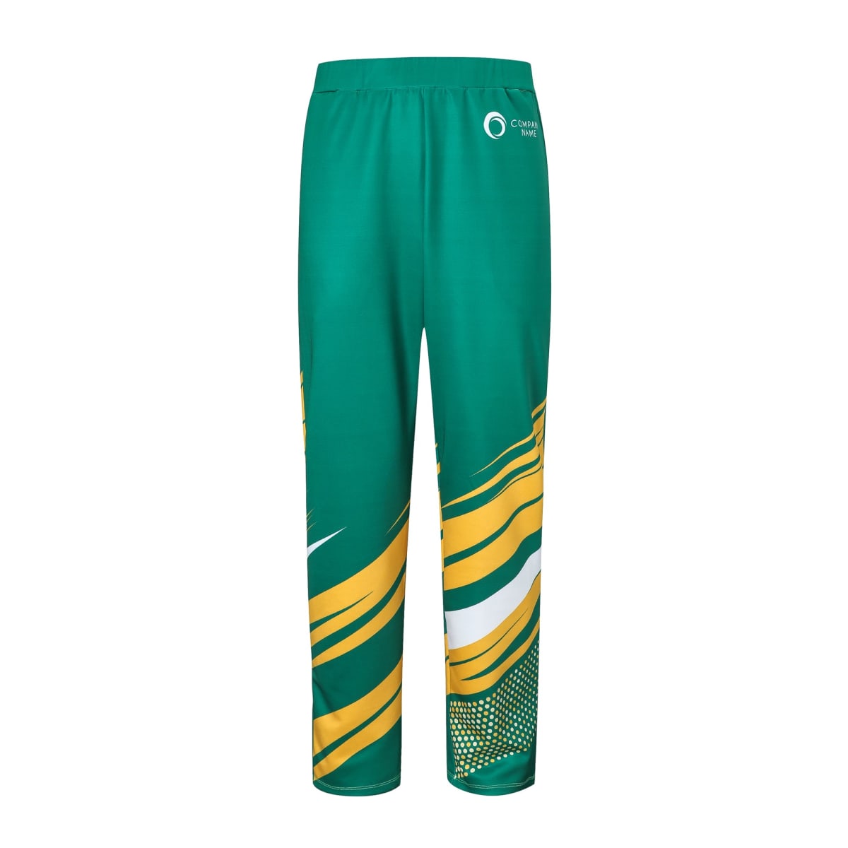Green athletic pants with a colorful design featuring yellow and white wavy stripes on the sides. The waistband is elastic, and a small logo is present near the top.
