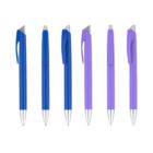 Six pens are arranged in a row on a white background. The first three pens are blue, and the last three are purple. Each pen has a silver tip and a clip on the side.