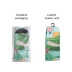 Two types of sock packaging: on the left, a standard clear plastic bag with socks visible; on the right, socks with a custom header card featuring an illustration of a hot air balloon and sunset design.