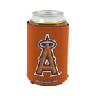 A silver soda can is held in an orange koozie featuring a large letter A with a halo on top. The bottom of the koozie is labeled Kolder/MLBP 2012.