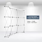 A curved fabric popup stand measuring 90.6 inches by 89.4 inches is displayed under two spotlights. The stand has a 3x3 grid design and weighs 37.04 pounds.