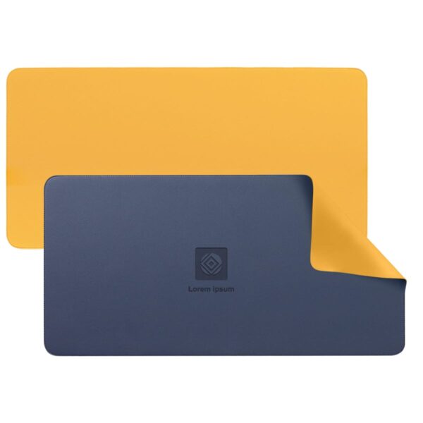A dark blue rectangular desk pad with a yellow underside, featuring a diamond-shaped logo and the text Lorem Ipsum in the center. The pad is shown in two perspectives, one flat and the other partially flipped.