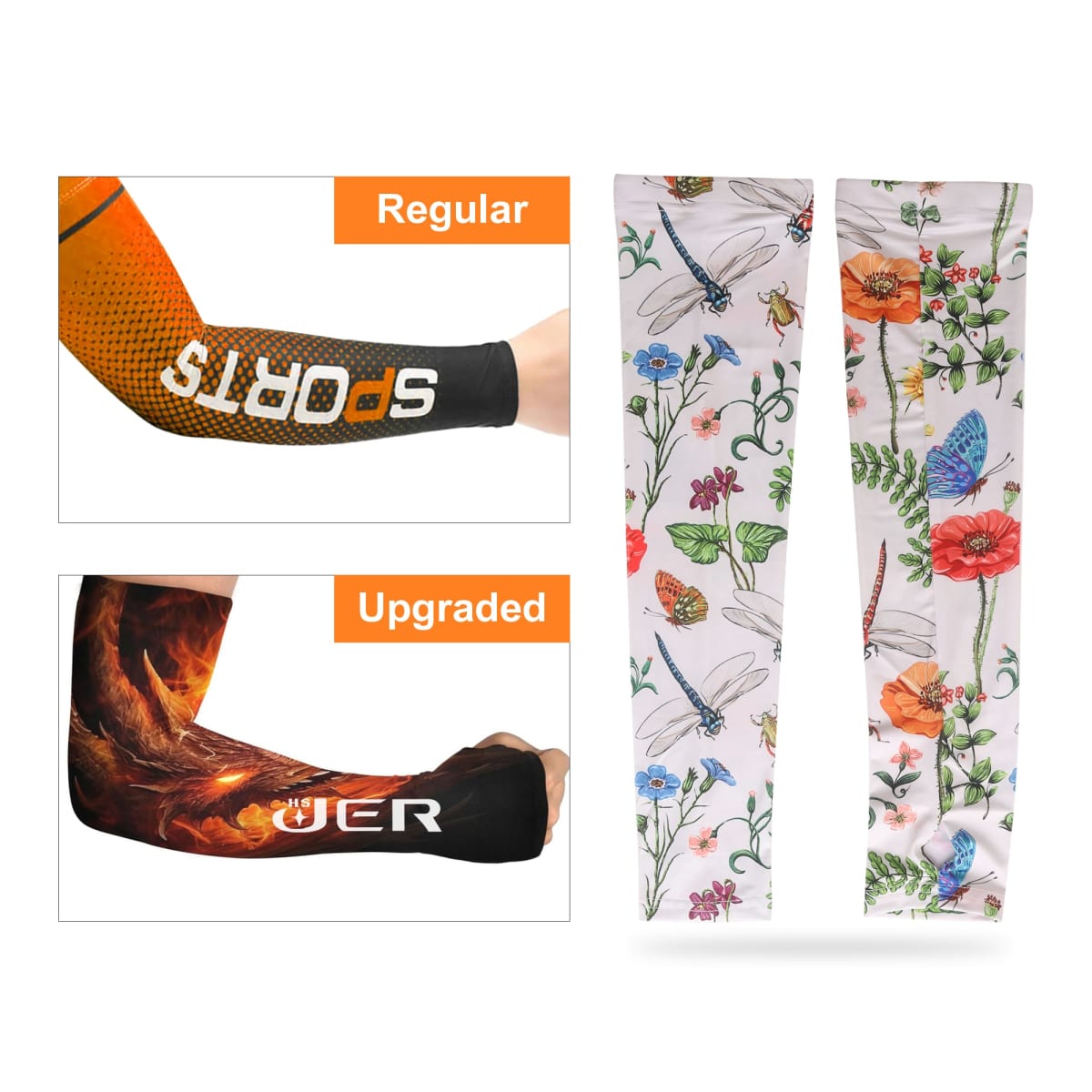 Comparison of arm sleeves: on the left, two black sleeves with text, one labeled Regular and the other Upgraded with a flame design. On the right, two white sleeves with colorful floral and insect patterns.