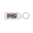 A rectangular white keychain with a silver ring, featuring a dark blue F45 logo in bold letters on its surface.