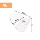Transparent measuring container with dimensions labeled: 27 cm length, 20 cm width, and 20 cm height. It has a capacity of 4 liters.