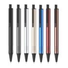 Seven retractable pens in a row, featuring different metallic colors: black, grey, silver, gold, blue, red, and copper. Each pen has a black clip and tip, with a ribbed section near the tip for grip.