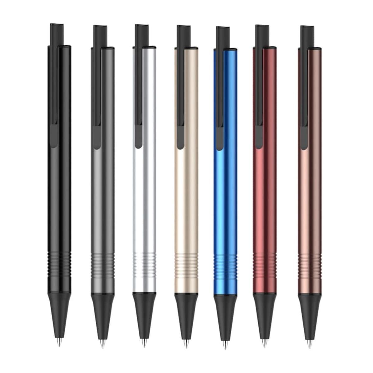 Seven retractable pens in a row, featuring different metallic colors: black, grey, silver, gold, blue, red, and copper. Each pen has a black clip and tip, with a ribbed section near the tip for grip.