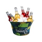 Bottles of various drinks in an ice-filled decorative bucket.