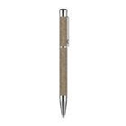 A sleek ballpoint pen with a textured beige barrel and shiny silver accents. It features a clip on the side for secure attachment.