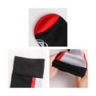 Collage of three images showing a black sock with red and white accents. Top image highlights the toe, bottom left shows the cuff, and bottom right depicts hands stretching the sock.