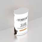 A curved, cylindrical display stand with a TimeOut Travel Agency design. The text reads, Its time to book your trip. The best opportunity to go! and includes a Call Now at prompt. The background is a light gray surface.