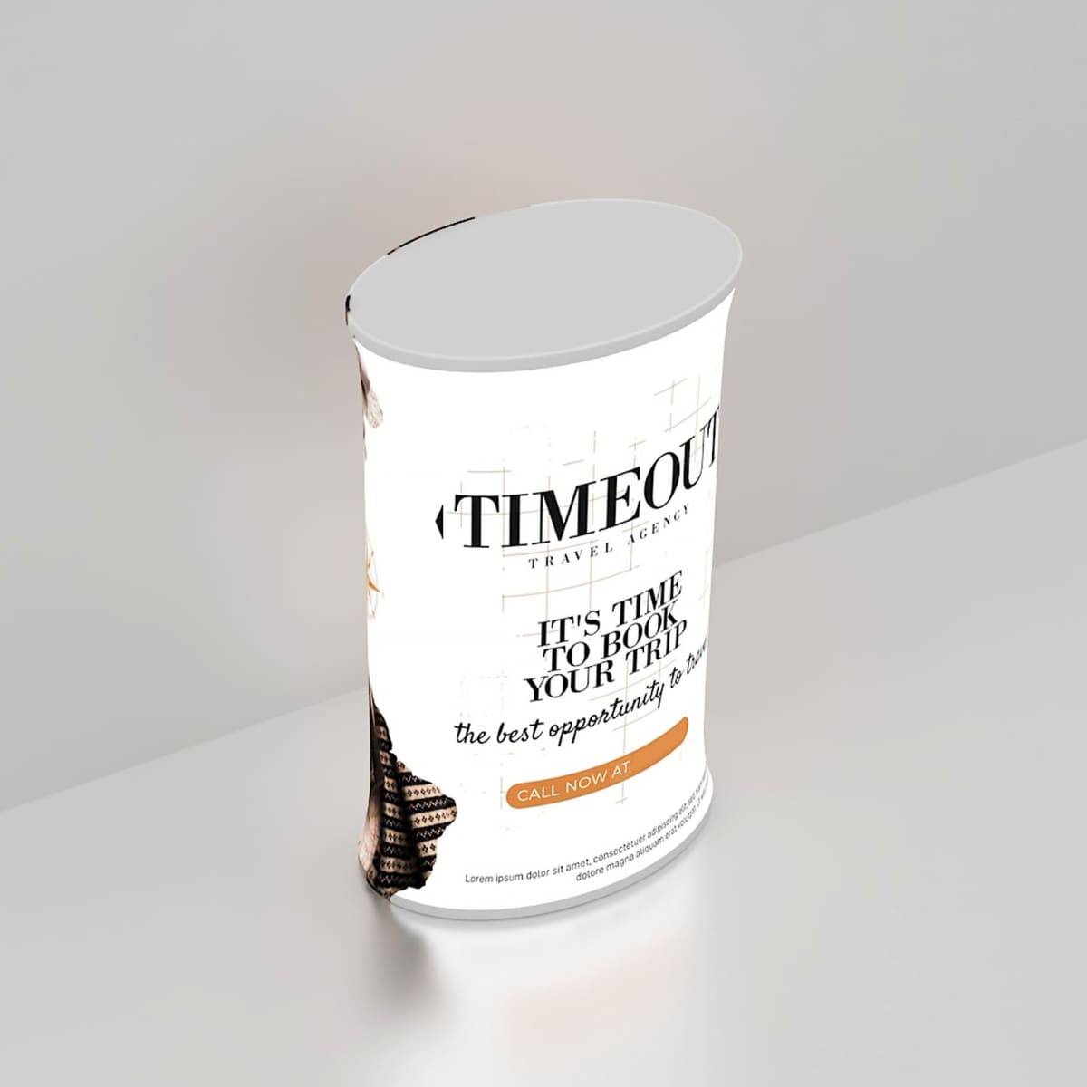 A curved, cylindrical display stand with a TimeOut Travel Agency design. The text reads, Its time to book your trip. The best opportunity to go! and includes a Call Now at prompt. The background is a light gray surface.