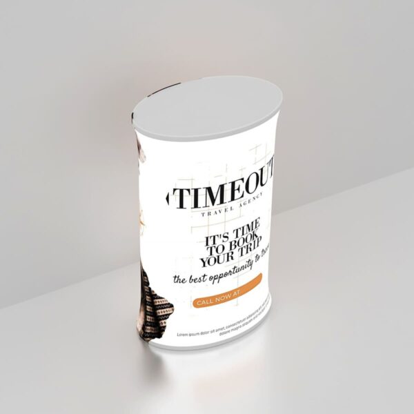A white, curved display stand reads Timeout Travel Agency. The text emphasizes booking a trip now for the best opportunities, with a Call Now button. The background features faint images of landmarks.
