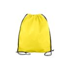 Yellow drawstring backpack with black drawstrings set against a plain white background. The bag has a simple design with a slightly crinkled texture.