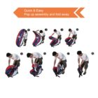 A series of eight images illustrating a person assembling or disassembling a blue and red pop-up tent. An arrow at the top reads, Quick & Easy Pop up assembly and fold away.