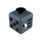 A fidget cube with multiple features including black buttons, a shiny metal ball, and switch toggles on its sides, designed for stress relief and focus. The cube is primarily gray with black and metallic accents.