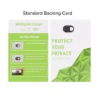 A webcam cover backing card with installation instructions. The left side includes step-by-step images, while the right side features text saying Protect Your Privacy Webcam Cover over a green geometric design.