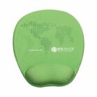 Green ergonomic mouse pad with wrist support, featuring a world map design in dots and the text IFGTRADE along with the website www.IFGTrade.com printed on it.