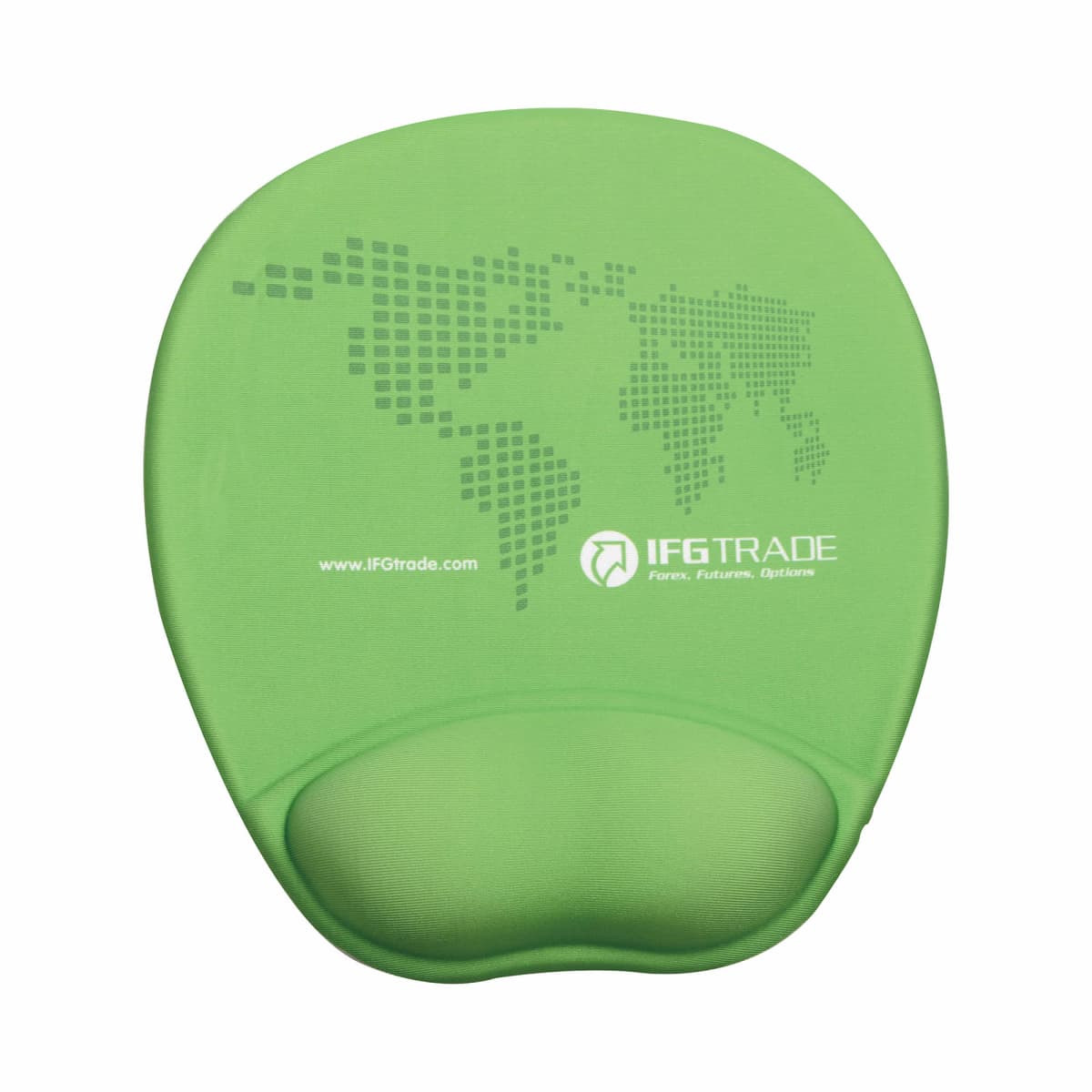 Green ergonomic mouse pad with wrist support, featuring a world map design in dots and the text IFGTRADE along with the website www.IFGTrade.com printed on it.