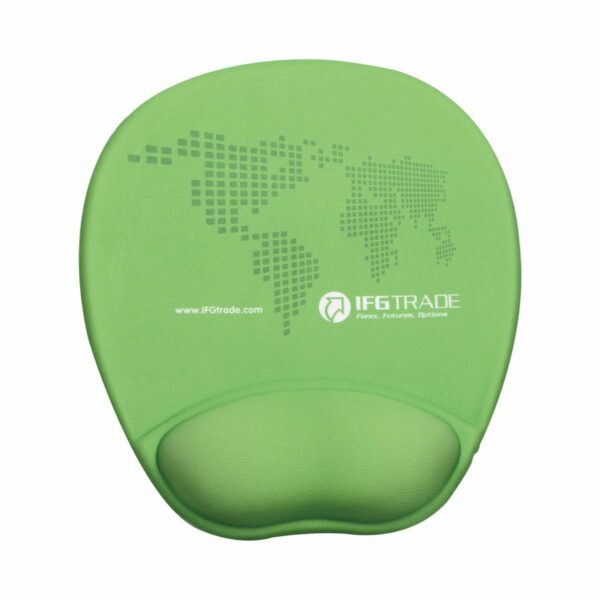 Green ergonomic mouse pad with wrist rest, featuring a dotted world map design. The words IFGTRADE and a website URL are visible.