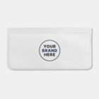 A clear, rectangular pouch with a zip closure. The center features a circular logo placeholder with the text YOUR BRAND HERE in bold, capital letters. The background is plain white.