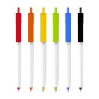 Six pens with white barrels and colored tops and tips in red, orange, yellow, green, blue, and black, displayed vertically in a row against a white background.