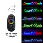 A remote control on the left shows how to change LED colors. On the right, Smart Mode is displayed in various neon colors: rainbow, dark glossy, green, blue, yellow/green, blue/green/pink, and rainbow neon.