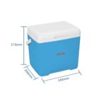 A blue and white cooler with a handle and a lid, featuring dimensions labeled as 310mm in height, 268mm in width, and 340mm in depth. The cooler has red text on the front.